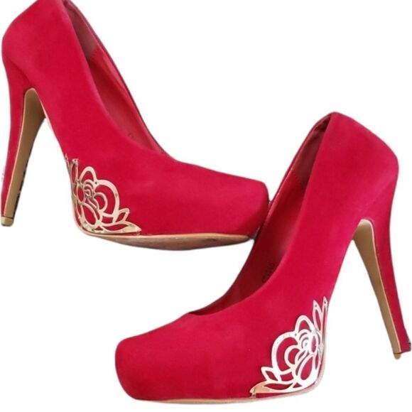 Red Suede Platform Heel Gold Accent - Picture 1 of 7